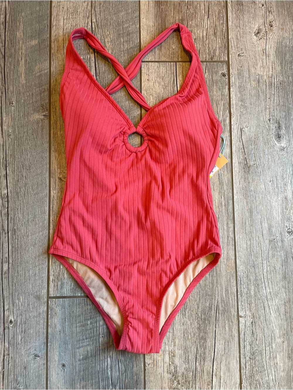 Womans Ribbed One-Piece Swimsuit with Front Ring in Coral